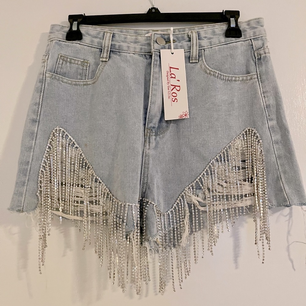 Jean shorts with bedazzled fringe